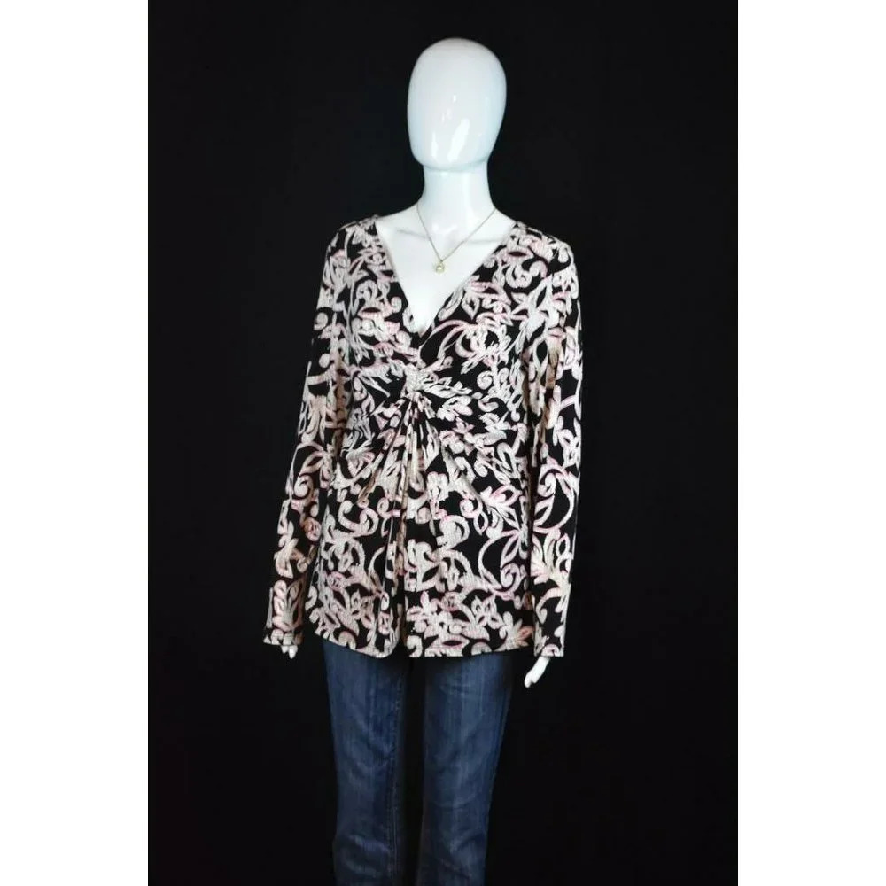 I.N.C International Concepts sz. L V-Neck Ruched Long Sleeve Multi Color Blouse